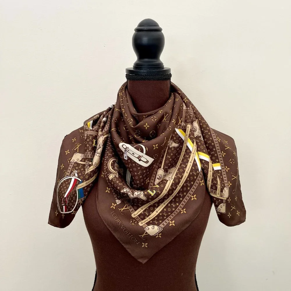 Louis Vuitton Scarf  Travel Trunks Monogram Brown Silk Wrap